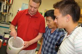 Roger Miesfeld and UA Assistant Research Scientist Jun Isoe evaluate a storage container with mosquitoes used to study ways to interfere with the insects’ ability to transmit diseases. Miesfeld's son, Barrett (right), has joined the lab as a summer undergraduate researcher from North Carolina State University.