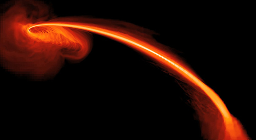 This computer-simulated image shows gas from a tidally shredded star falling into a black hole.