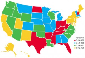 Held for observation. Monthly incidence of “observation stays” per 1,000 Medicare beneficiaries varies across states – lower in the West, higher in the South and Midwest.