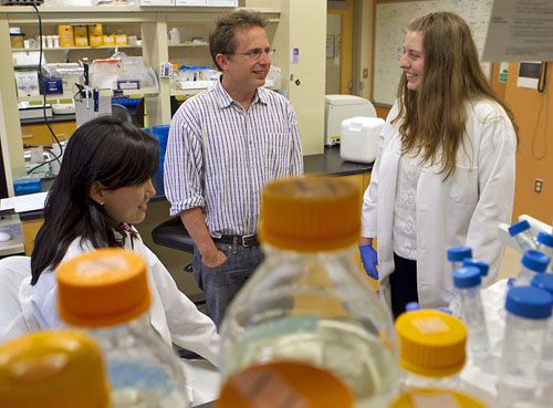 Detecting rare intermediates of RNA splicing. Tiny, transient loops of genetic material — lariats — hold clues to how the body makes instruction for building proteins. William Fairbrother worked with graduate student Janice Shih, left, and research associate Allison Taggart.