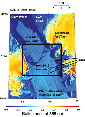 In this graphic, at upper left, you can see the ice island that calved from Petermann Glacier in 2010. The crack that led to the 2012 calving also is clearly visible.