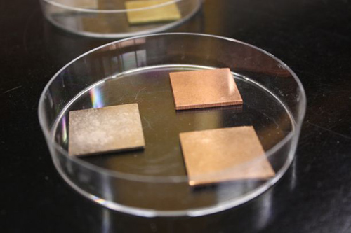 The researchers tested the survivability of Salmonella on six different copper alloys. Bacteria die out on surfaces containing copper much more quickly than on stainless steel surfaces, owing to the antibacterial properties of copper.