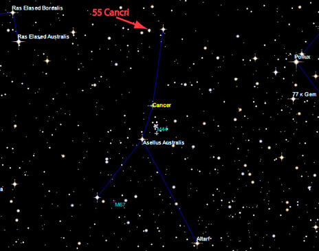 Star map showing the planet-hosting star 55 Cancri in the constellation of Cancer. The star is visible to the naked eye, though better through binoculars.