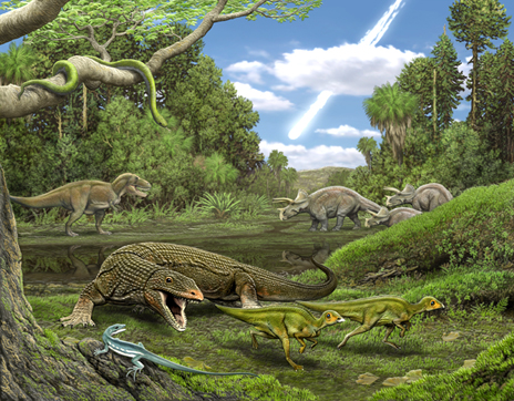 In the foreground, the carnivorous lizard Palaeosaniwa stalks a pair of hatchling Edmontosaurus as the snake Cerberophis and the lizard Obamadon look on. In the background, an encounter between T. rex and Triceratops.