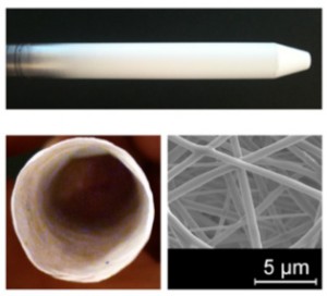 Fibers stick to a hard surface (top) and then can be removed to create a hollow ring (bottom left). Bottom right shows a closeup of the tiny fibers.