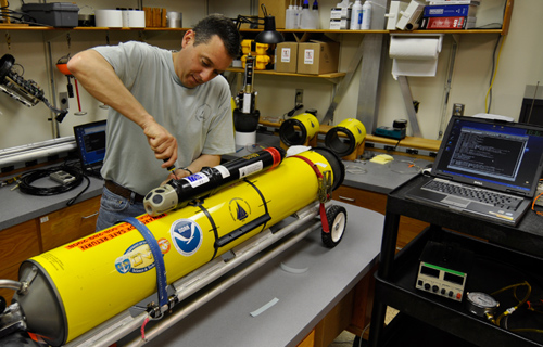 The gliders are operated by Dave Fratantoni, a scientist in the WHOI Physical Oceanography Department. In use by oceanographers for about a decade, gliders move up, down, and laterally in a sawtooth pattern through the water by changing their buoyancy and using their wings to provide lift. They are battery powered and exceptionally quiet -- a critical feature when collecting acoustic data. (Photo by Nick Woods, Woods Hole Oceanographic Institution)