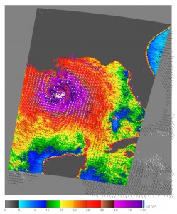 ISS-RapidScat data will help improve weather forecasts, including hurricane monitoring, producing imagery similar to this NASA QuikScat satellite image of Hurricane Katrina, acquired Aug. 28, 2005. The image depicts relative wind speeds swirling around the calm center of the storm. The highest wind speeds are shown in shades of purple. The barbs reveal wind direction, and the white barbs show heavy rainfall. Image credit: NASA/JPL-Caltech (Click image to enlarge)