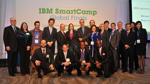 The CEO's of eight startups participating in IBM SmartCamps join New York City Mayor Michael Bloomberg on stage at the event along with Jim Corgel, general manager of IBM entrepreneur programs and Claudia Fan Munce, vice president of IBM Corporate Strategy. The startups are bringing new solutions to markets such as cloud computing, business analytics, big data and mobile computing.(Image credit: IBM)