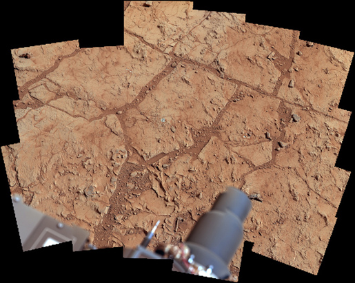 NASA's Mars rover Curiosity used its Mast Camera (Mastcam) to take the images combined into this mosaic of the drill area, called "John Klein." The label "Drill" indicates where the rover ultimately performed its first sample drilling. Image credit: NASA/JPL-Caltech/MSSS