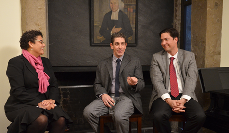 Professor Elizabeth Alexander and Richard Blanco (center) — two of only five poets to have read their works at a presidential inauguration — met at Yale for a discussion hosted by Stephen Pitti (right), master of Ezra Stiles College. (Photo by Michael Marsland)