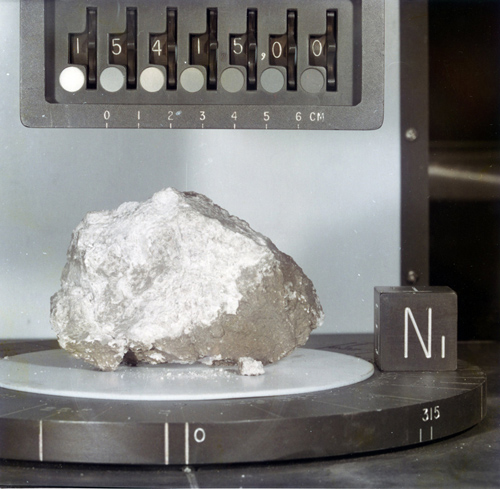 Called the "Genesis Rock," this lunar sample of unbrecciated anorthosite collected during the Apollo 15 mission was thought to be a piece of the moon's primordial crust. In a paper published online Feb. 17 in Nature Geoscience, a University of Michigan researcher and his colleagues report that traces of water were found in the rock. Photo courtesy of NASA/Johnson Space Center