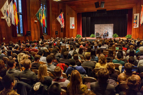 Madeleine Albright and Henry Paulson spoke to a packed audience at International House. Albright, who became the highest ranking woman in U.S. history when President Bill Clinton appointed her as the 64th U.S. secretary of state in 1997, spoke about her experiences as a pioneer for female government leadership. Photo by Jason Smith