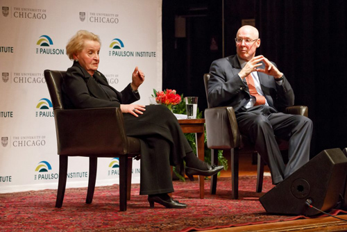 “One of the hardest parts of being a decision-maker is trying to figure out where you can make a difference,” said Madeleine Albright in response to a student question about whether the United States could be doing more in Syria. Photo by Jason Smith