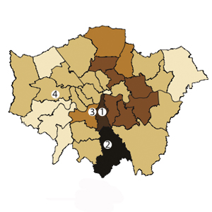 Image showing residential location of rioters. The labels 1,2,3,4 correspond to retail centres in Brixton, Croydon, Clapham Junction and Ealing respectively (Image credit: Toby Davies et al/UCL)