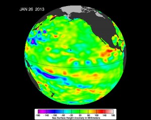 The latest image of sea surface heights in the Pacific Ocean from NASA's Jason-2 satellite shows that the equatorial Pacific Ocean is now in its 10th month of being locked in what some call a neutral, or "La Nada" state. "La Nadas" make long-range climate forecasting more difficult due to their greater unpredictability. Yellows and reds indicate areas where waters are relatively warmer and have expanded above normal sea level, while blues and purple areas show where waters are relatively colder and sea level is lower than normal. Green indicates near-normal sea level conditions. Image credit is NASA-JPL/Caltech/Ocean Surface Topography Team. (Click image to enlarge)