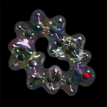 The macrocyclic musk odorant cyclopentadecanone (Exaltone®) inside its electron cloud. Structure calculated with Amsterdam Density Functional and rendered with Strata 3D. Image credit: University College London