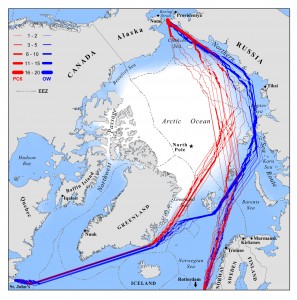 Currently available shipping lanes through the Arctic in September. The fastest navigation routes for ships seeking to cross the Arctic Ocean during September currently favor the Northern Sea Route along Russia's coastline. Red lines indicate the fastest available trans-Arctic routes for Polar Class 6 ships (moderate-capability icebreakers such as those used today in the Baltic) between the North Atlantic and Pacific oceans. Blue lines indicate the fastest available routes for common open-water ships. Where overlap occurs, line weights indicate the number of successful transits following the same route. Dashed lines reflect currently existing offshore sovereignty boundaries. A white backdrop indicates sea ice concentration. (Image courtesy of Proceedings of the National Academy of Sciences) (Click image to enlarge)