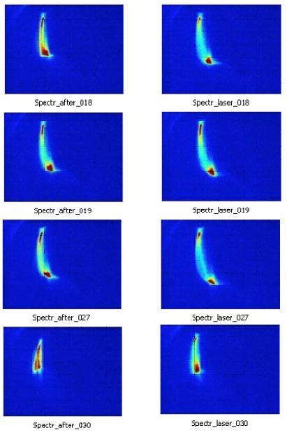 An electron beam accelerated by a laser in free space. Each row of two frames represents one snapshot-pair of laser on (on the right side) and laser off (on the left side) with unchanged configuration. One can see a clear increase from these pictures, proof that the laser accelerates the 20 mega electron volts electron beam in vacuum. Pictures of the beam momentum spread after the spectrometer taken with the laser off (left column) and the laser on (right column). The length of the beam image reveals the energy spread of the beam. The experiment recorded 30 shots. Twenty shots were high intensity and showed effects of the laser on/laser off difference. Four shot examples are shown here. Pictures are taken from spectrometer on Beam Line #1 at BNL-ATF. Image credit: University of California