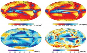 Upper left shows historical rainfall, and upper right is an average of climate models’ estimates — notice the longer blue and red rain bands south of the equator. Lower left is the observed effect of low-level clouds, and lower right is the difference between the measurements and the average model output. Image credit: Y.-T. Hwang, UW (Click image to enlarge)