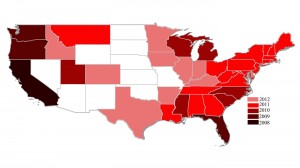 The red states show how far D. suzukii has spread since 2008. (Image credit: Hannah Burrack) (Click image to enlarge)
