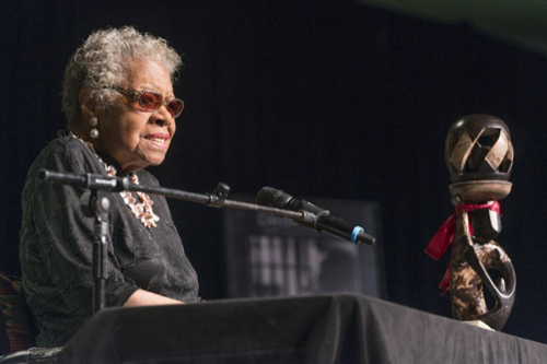 Maya Angelou addresses an enthusiastic crowd at the sold-out Bob Carpenter Center. Photos by Kathy F. Atkinson and Evan Krape