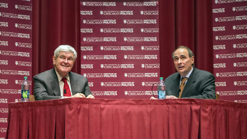 Former Republican presidential candidate Newt Gingrich (left) sat down with David Axelrod, director of the Institute of Politics, on Feb. 19 for a 90-minute conversation about the results and consequences of the 2012 presidential election. The former Speaker of the U.S. House of Representatives also discussed the state of the Republican Party and the major policy hurdles facing the United States. Photo by Robert Kozloff