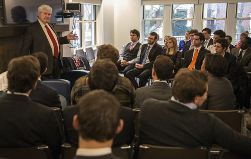 Newt Gingrich met with College Republicans at the Institute of Politics house, encouraging them to pick their political fights strategically, be very noisy with their ideas and to use the most important tool he had learned in politics—“cheerful persistence.” Photo by Robert Kozloff