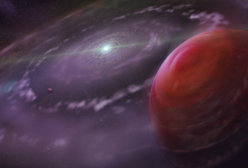 Artist’s rendering of the planetary system HR 8799 at an early stage in its evolution, showing the planet HR 8799c, a disk of gas and dust, and interior planets. Image credit: Dunlap Institute for Astronomy & Astrophysics; Mediafarm