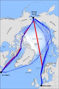 Projected shipping lanes through the Arctic for 2040-59. New Arctic shipping lanes. The fastest navigation routes for ships seeking to cross the Arctic Ocean by mid-century include the Northwest Passage (on the left) and over the North Pole (center), in addition to the Northern Sea Route (on the right). UCLA researchers arrived at these projections by studying sea ice forecasts from seven climate models for the years 2040 to 2059. The projections assume a medium-low increase in carbon emissions and corresponding medium-low rise in global warming. Red lines indicate the fastest available trans-Arctic routes for Polar Class 6 ships (moderate-capability icebreakers such as those used today in the Baltic), and blue lines indicate the fastest available routes for common open-water ships. Where overlap occurs, line weights indicate the number of successful transits following the same route. Dashed lines reflect currently existing sovereignty boundaries. The white backdrop indicates period-averaged sea ice concentration. (Image courtesy of Proceedings of the National Academy of Sciences) (Click image to enlarge)