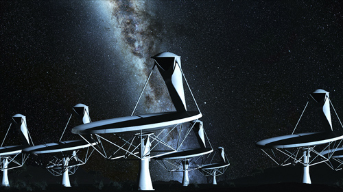 ASTRON, the Netherlands Institute for Radio Astronomy and IBM announced an initial 32.9 million EURO, five-year collaboration to research extremely fast, but low-power exascale computer systems targeted for the international Square Kilometre Array (SKA). The SKA is an international consortium to build the world’s largest and most sensitive radio telescope. Scientists estimate that the processing power required to operate the telescope will be equal to several millions of today’s fastest computers. SKA dishes by night, an artist's impression from 2010 animation. Image credit: SKA
