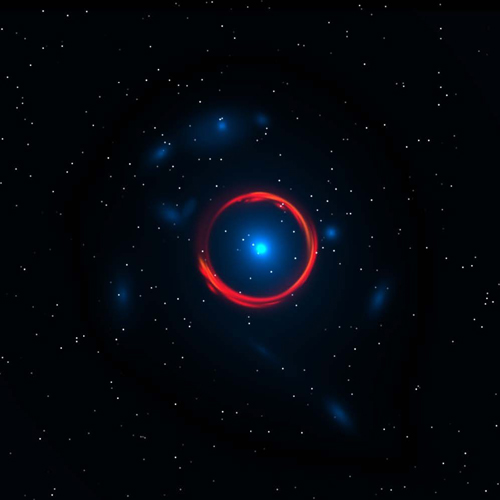 This artist’s impression depicts one of the SPT-discovered light sources based on observations by Atacama Large Millimeter Array and the Hubble Space Telescope. The massive central galaxy (in blue, seen by the Hubble telescope) bends the light of a more distant, submillimeter-bright galaxy, forming a ring-like image of the background galaxy that is observed by ALMA (red). Illustration by Y. Hezaveh