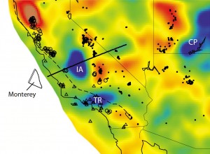 Mostly gone, not forgotten. The Isabella anomaly (IA, above), is at the same depth (ca. 100 km) as other fragments of the Farallon plate under Oregon and Washington, is on a line with fragments off the California coast, and has a similar seismic tomography signature. Image credit: Forsyth lab/Brown University (Click image to enlarge)