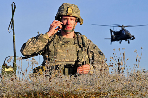 U.S. Army soldier on a field telephone in 2011. Image credit: Master Sgt. Robert Hyatt, U.S. Army, Wikimedia Commons