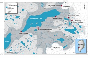 Research area: During the course of two expeditions to the Greenland ice sheet in May and July 2008, Bhatia and her colleagues collected samples from sites at three land-terminating glaciers. The meltwater from these glaciers travels through a flood plain and eventually drains into Qasigiatsigit Lake, before finally emptying into the fjord. (courtesy Maya Bhatia, Woods Hole Oceanographic Institution) (Click image to enlarge)