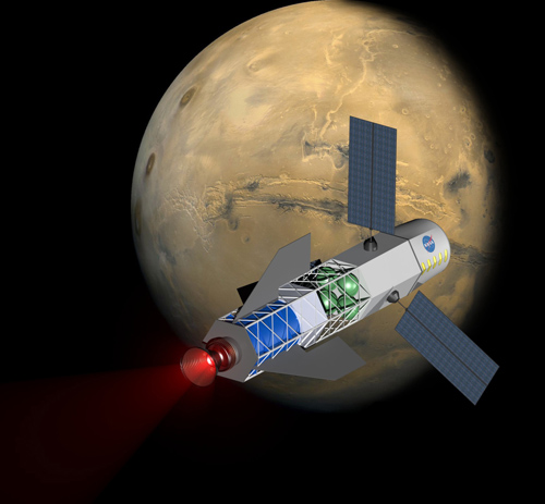 A concept image of a spacecraft powered by a fusion-driven rocket. In this image, the crew would be in the forward-most chamber. Solar panels on the sides would collect energy to initiate the process that creates fusion. Image credit: University of Washington, MSNW