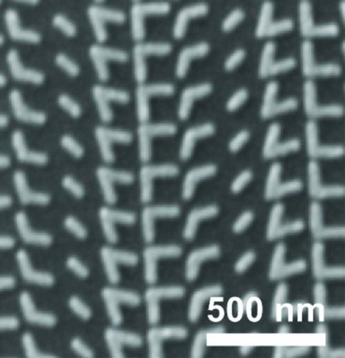 Scanning electron microscopy image of a metasurface comprised of V-shaped antennas with a variety of arm configuations. Image credit: Berkeley Lab