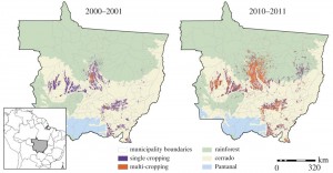 Double cropping in a decade. Double cropping (orange) in Mato Grosso has increased noticeably between 2000-01 and 2010-11. The benefits extend broadly in the regional economy. Image credit: Brown University (Click image to enlarge)