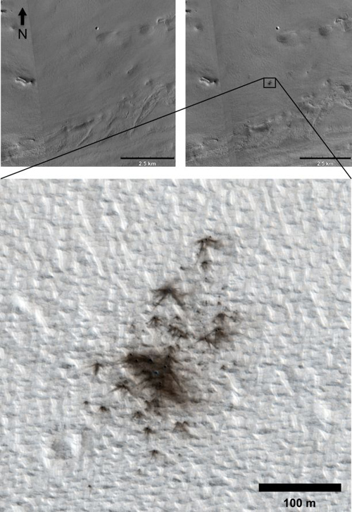 Images taken by the UA-led High Resolution Imaging Experiment, or HiRISE, reveal new impact craters that formed between 2010 and 2011. (Photo by: NASA/JPL-Caltech/MSSS/UA)