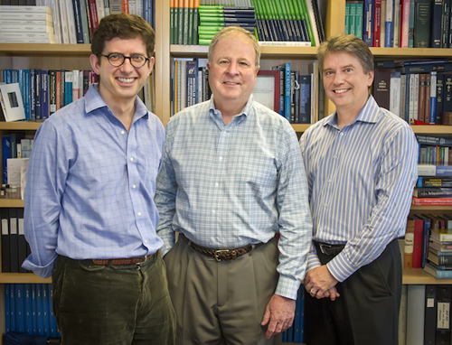 From left, Jan Liphardt, Harvey Blanch and Doug Clark led the development of a way to improve the collective catalytic activity of enzyme cocktails that can boost the yields of sugars for making advanced biofuels. (Photo by Roy Kaltschmidt)