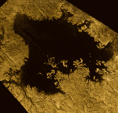 Ligeia Mare, shown in here in data obtained by NASA's Cassini spacecraft, is the second largest known body of liquid on Saturn's moon Titan. It is filled with liquid hydrocarbons, such as ethane and methane, and is one of the many seas and lakes that bejewel Titan's north polar region. Cassini has yet to observe waves on Ligeia Mare and will look again during its next encounter on May 23, 2013. Image credit: NASA/JPL-Caltech/ASI/Cornell