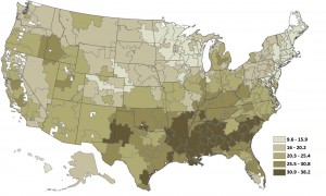 Perilous pills. Prescribing rates of high-risk medications for seniors on Medicare Advantage plans were highest in the South, lowest in New England. The map shows the percentage of seniors who received one or more high-risk medications. Image credit: Danya Qato/Brown University (Click image to enlarge)