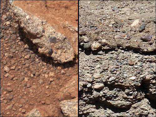 This set of images compares the Link outcrop of rocks on Mars (left) with similar rocks seen on Earth (right). Image credit: NASA/JPL-Caltech/MSSS and PSI