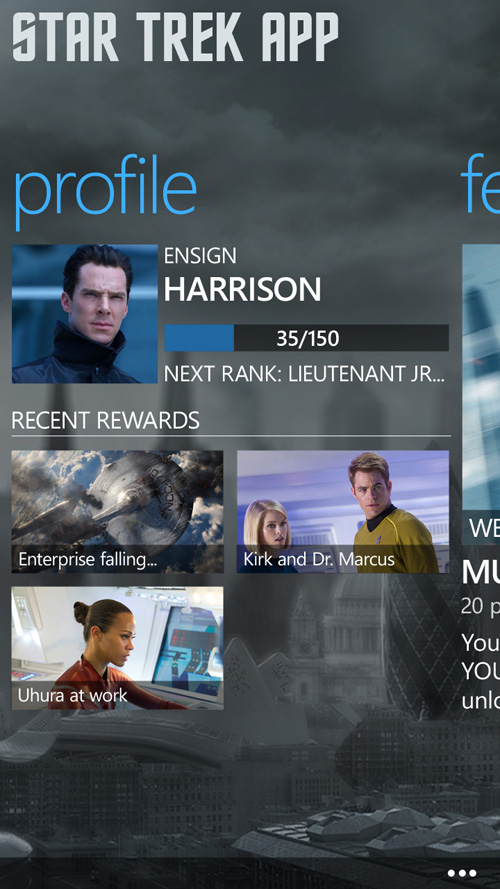 Star Trek Windows Phone app. The unprecedented cross-company collaboration to promote “Star Trek: Into Darkness” kicked off with apps for Windows Phone (shown here) and Windows 8. Image credit: Microsoft