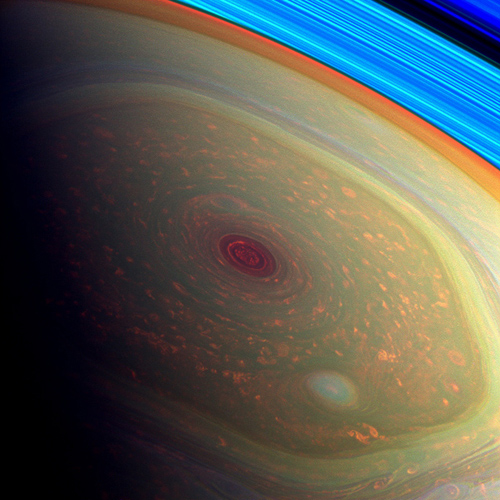 Enter the Vortex ... in Psychedelic Color. This spectacular, vertigo inducing, false-color image from NASA's Cassini mission highlights the storms at Saturn's north pole. Image credit: NASA/JPL-Caltech/SSI 