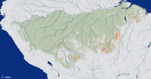 Researchers for the first time mapped the extent and frequency of understory fires across a study area (green) spanning 1.2 million square miles (3 million square kilometers) in the southern Amazon forest. Fires were widespread across the forest frontier during the study period from 1999-2010. Recurrent fires, however, are concentrated in areas favored by the confluence of climate conditions suitable for burning and ignition sources from humans. Image credit: NASA's Earth Observatory (Click image to enlarge)