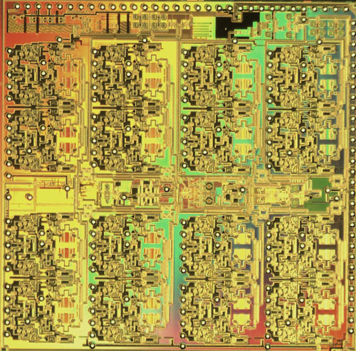 IBM researchers debut high-frequency wireless chip fabricated using IBM SiGe BiCMOS technology. Fully integrated phased array IC. 6.7mm X 6.7mm. Fabricated in IBM SiGe BiCMOS technology. The IC integrates 32 receive and 16 transmit elements with dual outputs to support 16 dual polarized antennas. Image credit: IBM