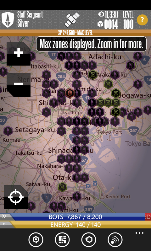 QONQR is a mobile game that brings the game to where you live, pitting you against other faction members in your area. This screen shot shows a player in Tokyo. Image credit: Microsoft