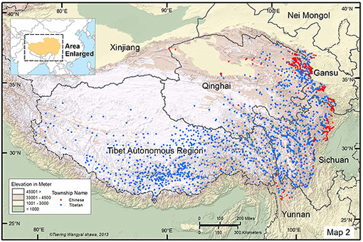 Research from Princeton University suggests that altitude can bar ethnic groups native to low-lying areas from high-elevation areas such as the Tibetan Plateau and the Andes, which could cause ethnic segregation and tension. The researchers studied the traditional and current presence of Han Chinese in the Tibetan homeland. A map (above) of 1,960 settlements indicated if a location has a Han Chinese (red dots) or Tibetan (blue dots) name. The presence of traditionally Chinese towns peaked at 8,900 feet, or 2,700 meters, above sea level (yellow areas). Meanwhile, the greatest number of settlements with a Tibetan name is at 14,760 feet, or 4,500 meters (white area). (Image by T. Wangyal Shawa)