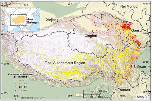 The researchers used 2000 Chinese census data to determine the fraction of Han Chinese living in each settlement. Settlements where at least one-third of the population are Han Chinese (orange and red dots) are clustered on the lower edges of the Tibetan Plateau at around 8,900 feet above sea level. (Image by T. Wangyal Shawa)