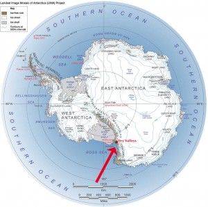 Garwood Valley lies within the McMurdo Dry Valleys region of Antarctica. Image credit: Landsat Image Mosaic of Antarctica. (Click image to enlage)